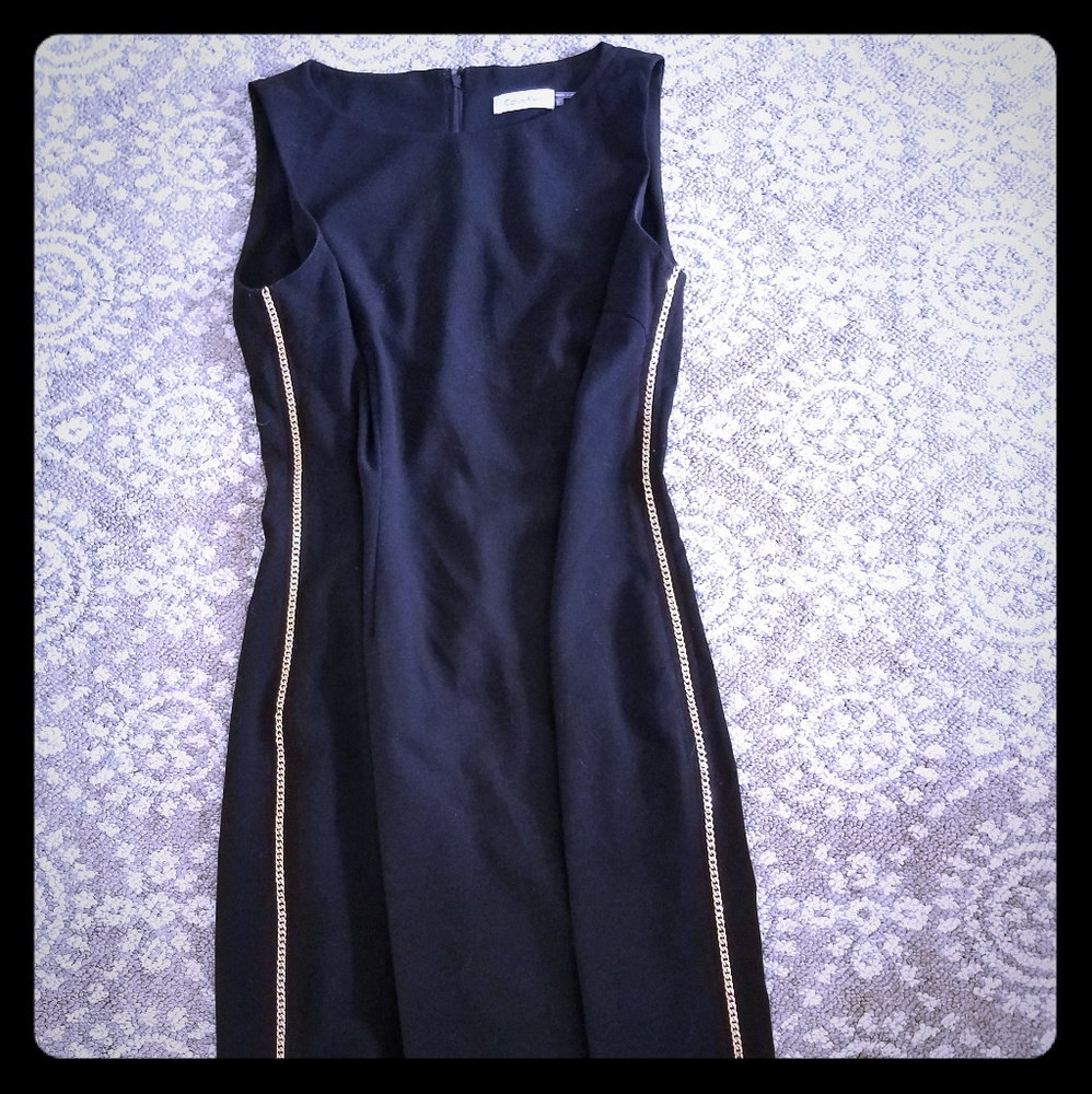 Black Calvin Klein dress gold chain detail wedding